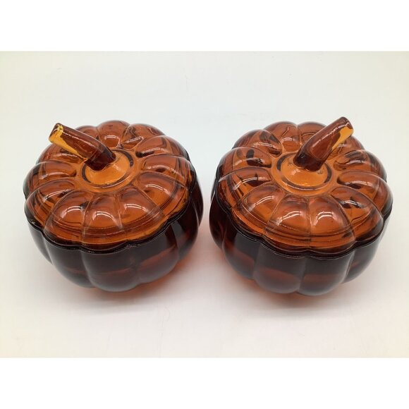 Burnt Orange Colored Heavy Lidded Glass Pumpkins, Set of 2 - Picture 4 of 12